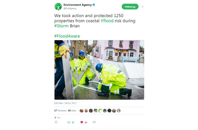 Screengrab of a tweet from the Environment Agency saying 'We took action and protected 1250 properties from coastal flood risk during Storm Brian