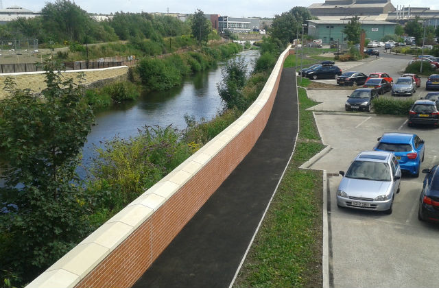 Image shows Sheffield's new flood defence wall 