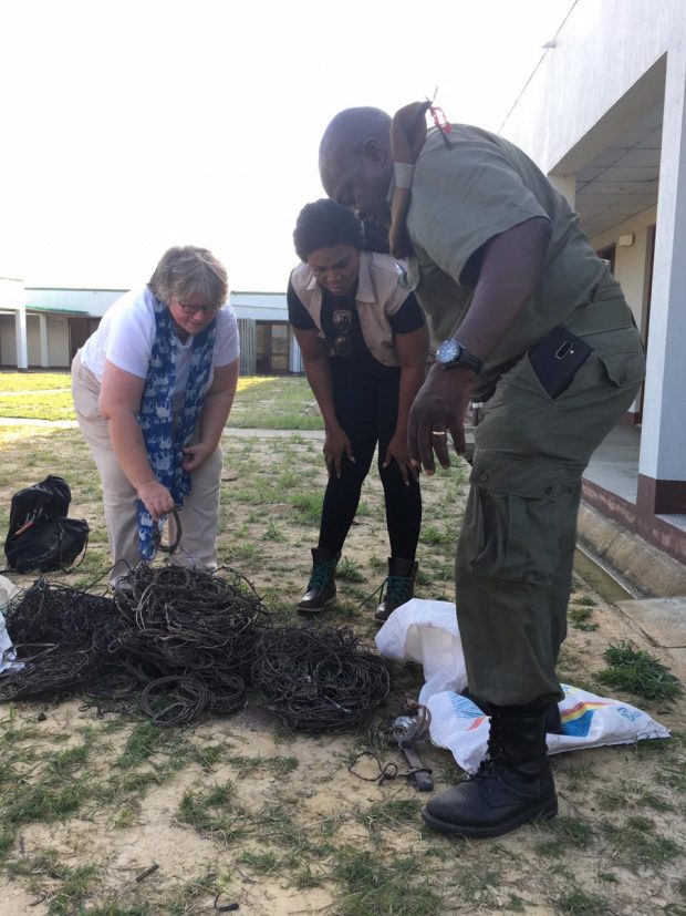 An image of the Head Ranger at the Reserve showing Minister Coffey and singer, Lizha James, the kind of snares used to trap animals by poachers.