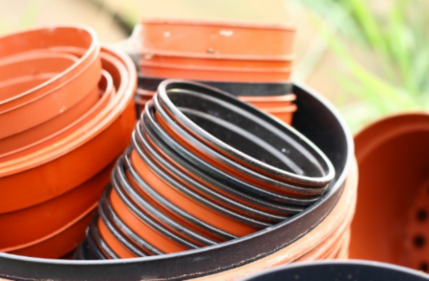 An image of plastic plant pots of various sizes.