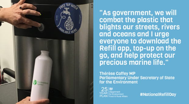 Infographic of a quote from Minister Coffey which reads 'As government, we will combat the plastic that blights our streets, rivers and oceans and I urge everyone to download the Refill app, top-up on the go, and help protect our precious marine life.' 