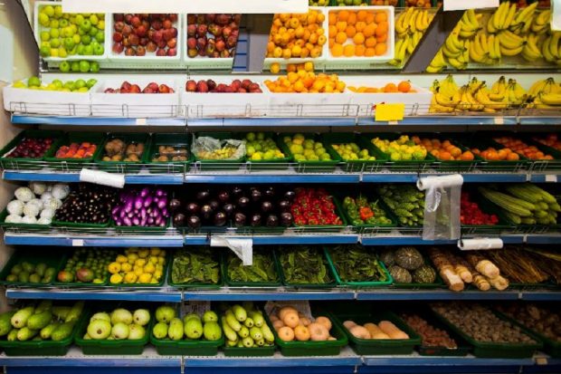 Fruits and vegetables at a supermarket.