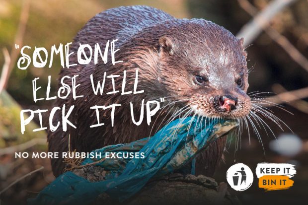 Image of an otter with a plastic bag in its mouth for the Keep it, Bin it campaign by Keep Britain Tidy calling for an end to rubbish excuses for littering. It says 'Someone else will pick it up, no more rubbish excuses, Keep it, Bin It.'