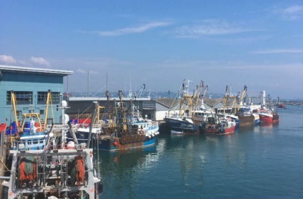 An image of several boats at Brixham Harbour against a blue sky.