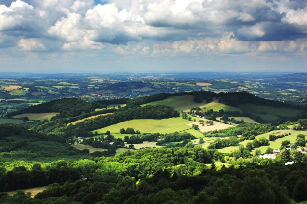 An image of a green landscape with clouds above in the blue sky.