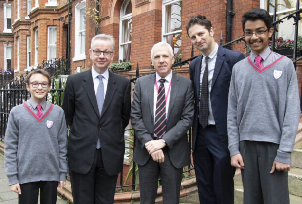 Environment Secretary Michael Gove, Mark O’Donnell Westminster Under School’s Head teacher, Clear Public Space’s Luke Douglas-Home, with pupils from Westminster Under School.