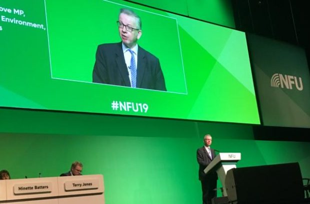 An image of Environment Secretary Michael Gove standing on a stage speaking with a projection of himself on the wall behind.