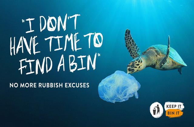 A campaign image from the 'Keep Britain Tidy' campaign showing a turtle eating a plastic bag in the ocean. The text reads 'I don't have time to find a bin, no more rubbish excuses, Keep it bin it.'