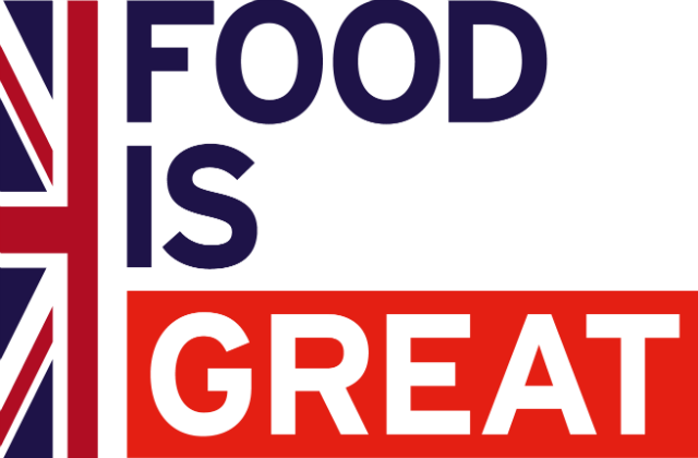 Image of half a vertical union jack flag next to text saying 'food is great' 