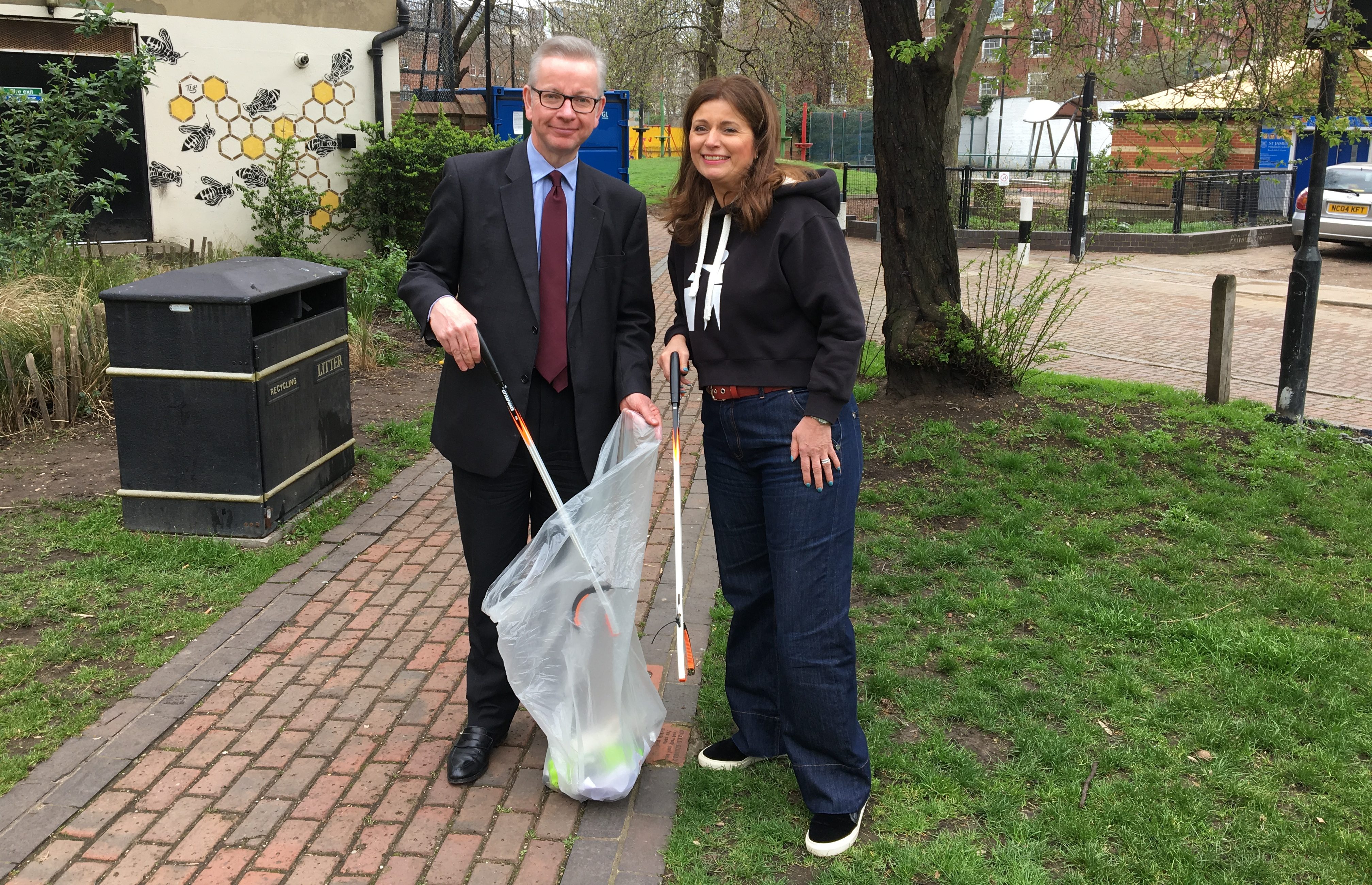 Environment Secretary Michael Gove at a litter pick in a West London park with Keep Britain Tidy's Chief Executive Allison Ogden-Newton