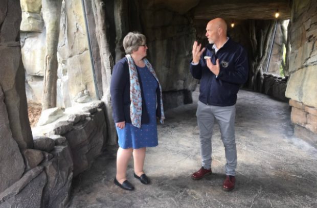 Environment Minister Thérèse Coffey talking to an expert at Chester Zoo.