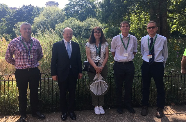 Lord Gardiner stands in front of wildflower meadow in St James’s Park with Robert Dowling, Assistant Park Manager, Claudia Watts, Greenspace Information for Greater London, Peter Lawrence, Head of Ecology and Tom Jarvis, Director of Parks. 