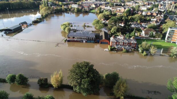 An aerial image of Hereford during a flood. 