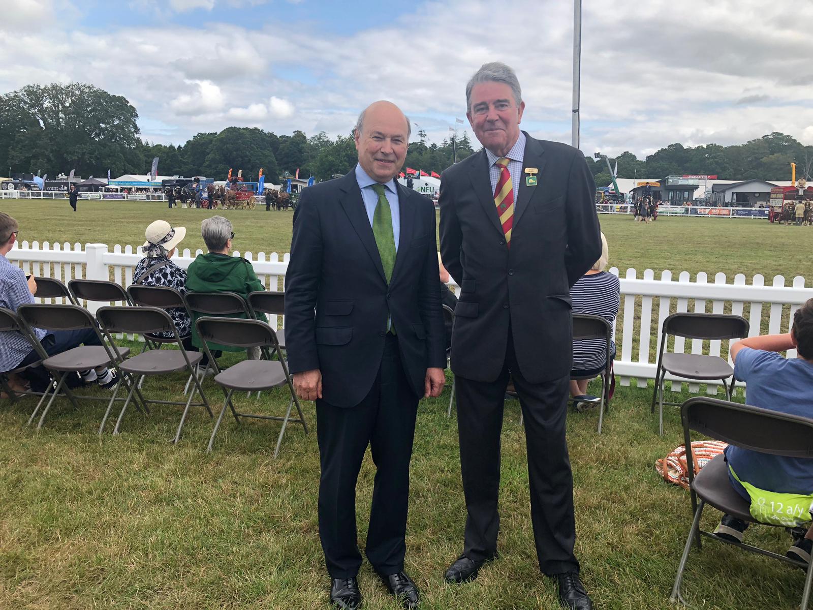 National Parks Minister Lord Gardiner with New Forest Show chair Chris Whitlock, Former Chairman of the New Forest & Hampshire Agricultural Show Society