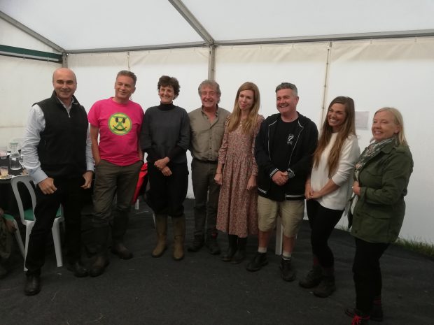 Philip Lymbery, Isabella Tree, Chris Packham, Tony Juniper, Carrie Symonds, Dominic Dyer, Hannah Stitfall and Deborah Meaden in a tent at the Birdfair event in Leicestershire. 