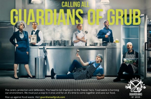 Guardians of Grub campaign poster shows chefs in a kitchen.