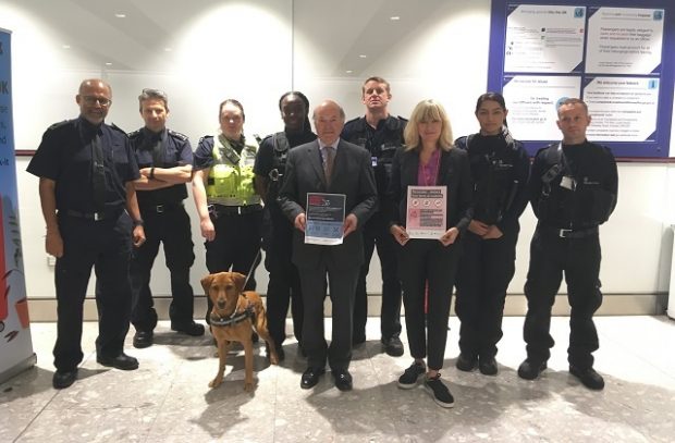 Group picture which includes Lord Gardiner, UK Chief Vet, Marley the sniffer dog and Border Force. 