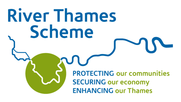 Digital map with River Thames Scheme written in bold print with protecting our communities securing our economy and enhancing our Thames written underneath an impression of a river.