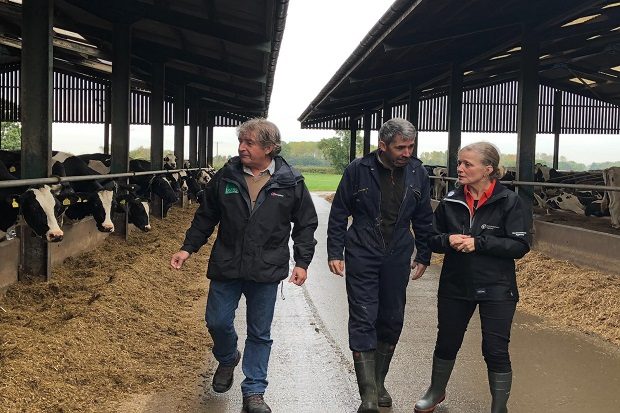 Natural England chair Tony Juniper, farmer Paul Tompkins and Environment Agency chair Emma Howard Boyd on a farm