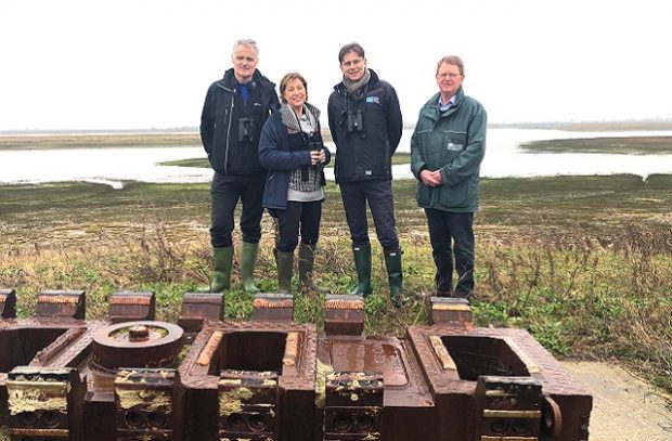 An image of Environment Minister Rebecca Pow, as well as of the RSPB’s Martin Harper, Natural England's Aidan Lonergan and Paul Miller of the Environment Agency on a visit to Wallasea Island.