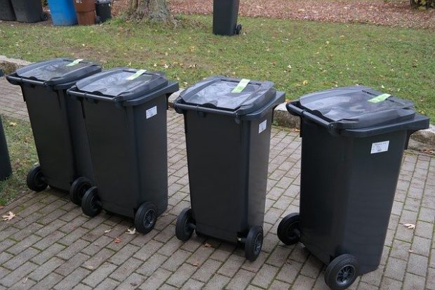 Black wheelie bins on the pavement.