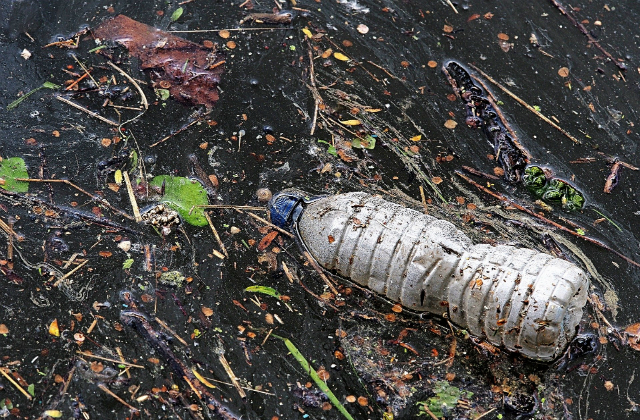 An image of an empty plastic bottle floating in water