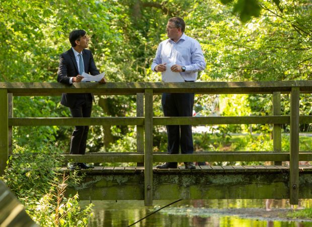 Richmond MP Rishi Sunak and Paul Eckersley, Environment Agency, Project Manager pictured during a tour of Stokesley walking along the River Leven whilst talking about the Flood Alleviation Scheme.