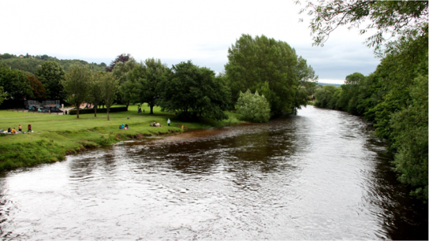 People standing on the green banks of the River Wharfe near Ilkley