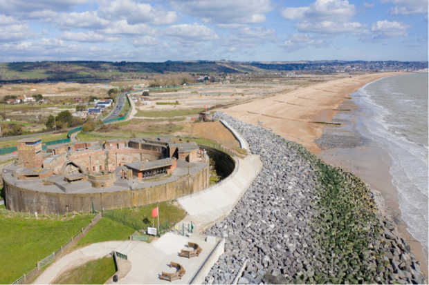 The completed Hythe Ranges low-carbon concrete sea defence scheme, March 2021