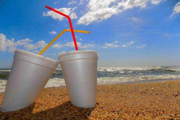 Polystyrene cups littered on a beach