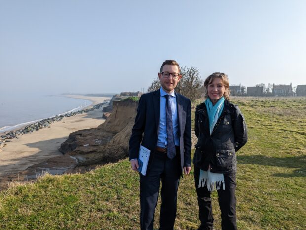 Floods Minister Rebecca Pow and MP for North Norfolk, Duncan Baker, during a visit to Happisburgh, North Norfolk to announce the £36 million Coastal Transition Accelerator Project