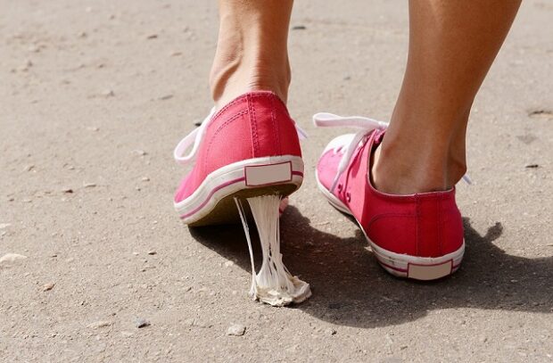 Chewing gum stuck on a shoe.