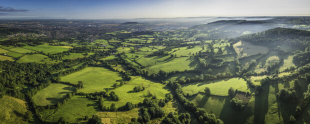 Aerial panorama over a Cotswold landscape