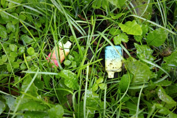 Two discarded vapes in grass